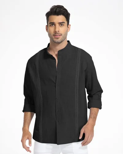 Vista 2 de SMIFCAALOR Camisas de algodón y lino de manga larga para hombre, con botones, para playa, yoga, informal, para verano