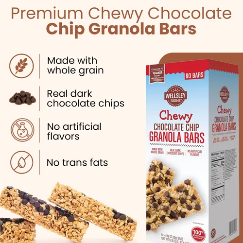 Vista 3 de Wellsley Farms Barras de granola masticables con chispas de chocolate, sin jarabe de maíz de alta fructosa, vegetarianas, barras de granola de grano