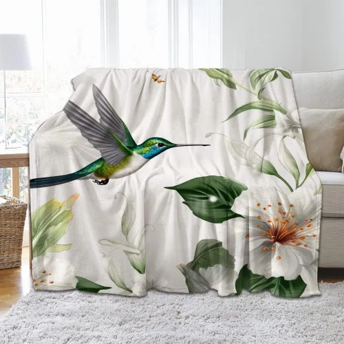 Vista 3 de TheBlackSpot Manta de franela de forro polar suave y cómoda con diseño de flores y hojas verdes, diseño de lirio y colibrí, para decoración de sofá