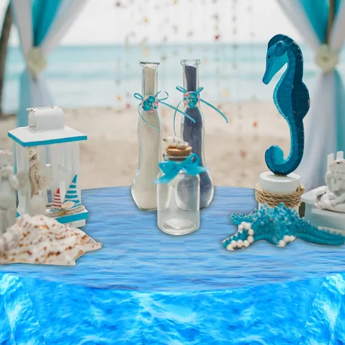 Vista 6 de Oudain Mantel redondo de plástico de 84 pulgadas con diseño de olas oceánicas, cubierta redonda para mesa de picnic con temática de océano azul