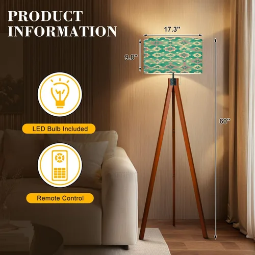 Vista 2 de Wood Tripod Floor Lamp 50s Mid Century Modern Seamless geometric age minimalistic decorative Mid Century Standing Lamp Linen Shade Dimmable Modern