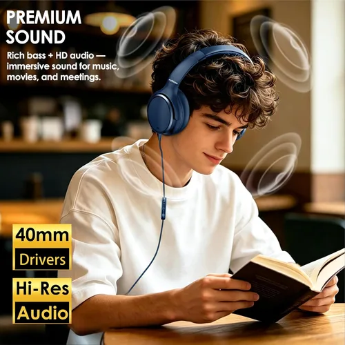 Vista 2 de Auriculares con cable USB C sobre la oreja con micrófono HD Auriculares Azul