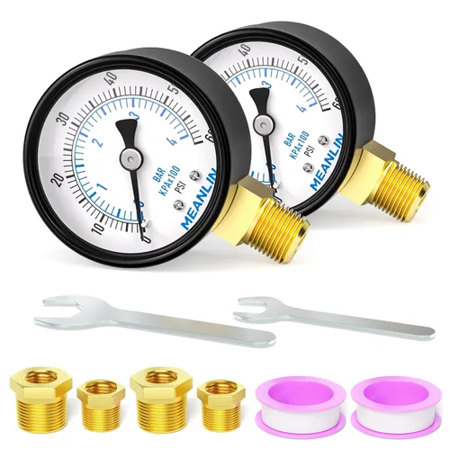 Vista 45 de MEANLIN MEASURE - Manómetro electromecánico de 2" de esfera con cara, NPT de 1/4 de pulgada, para bomba de pozo, con bujes hexagonales NPT de 1/2