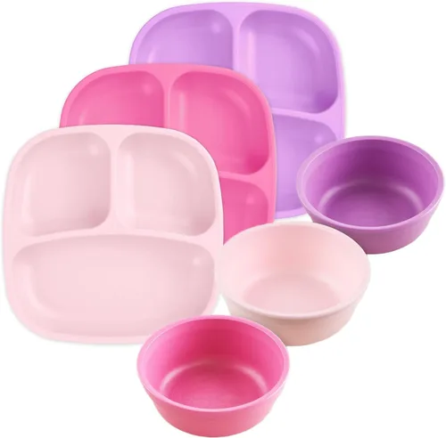 Vista 11 de Re-Play Juego de vajilla para niños pequeños, 3 platos divididos, 3 cuencos para aperitivos y 3 juegos de tenedores y cucharas, vajilla para niños