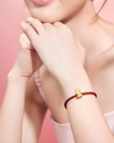 Vista 7 de ZHOU LIU FU Pulseras de oro real para mujer, pulsera de conejo de la suerte, joyería de oro de 24 quilates, pulsera roja, dije de oro sólido