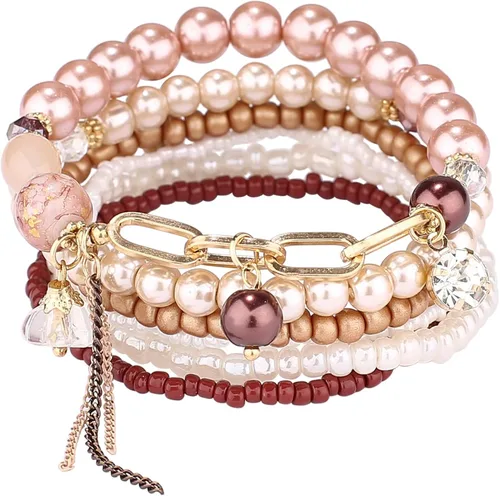 Vista 5 de iYours 6 juegos de pulseras bohemias multicapa con borlas hechas a mano, pulseras envolventes para mujer, Sin gemas.