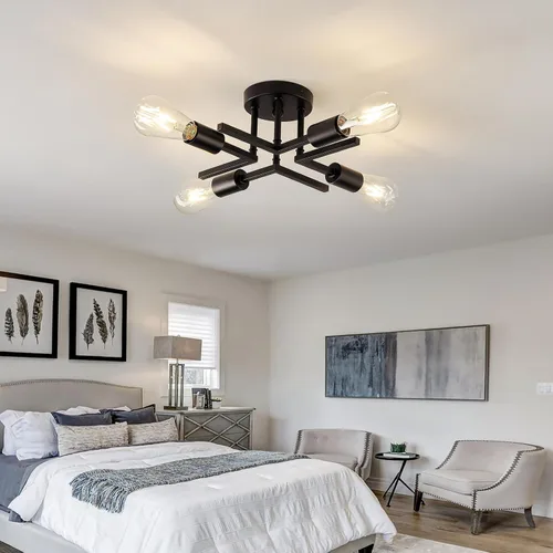Vista 9 de Accesorio de Lámpara de Techo Industrial Semiempotrada de 4 Luces, Candelabro Sputnik Moderno de Metal Negro con Base de Bombilla E26, Luz Pegada al