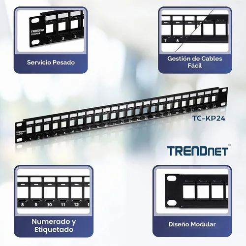 Vista 2 de TRENDnet Paneles de Parche Keystone 1U en blanco de 24 puertos, TC-KP24/2, Carcasa de Montaje en Rack Metálica de 1U 19", recomendada con conectores