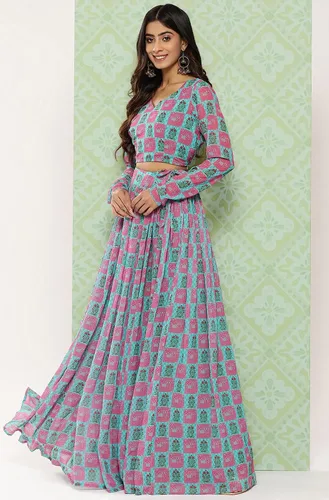 Vista 4 de Janasya Lehenga Choli estampado étnico digital de Georgette verde salvia para mujer