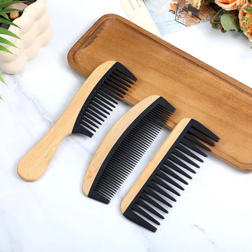 Vista 7 de Juego de 3 peines de bambú para dientes anchos, peine de madera para cabello rizado, grueso, húmedo, antiestático, con dientes de baquelita, peines