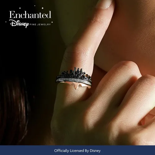 Vista 3 de Jewelili Enchanted Disney Fine Jewelry - Anillo de plata de ley con diamantes redondos negros y blancos naturales tratados con oro rosa y oro rosa