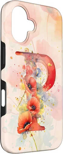 Vista 3 de iPhone 16 Beautiful Poppy Flowers Initial Letter P Monogram Watercolor Case