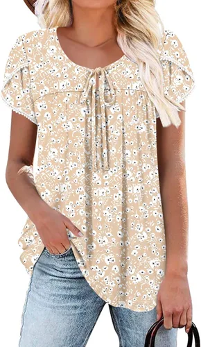 Vista 19 de BETTE BOUTIK Blusas de verano para mujer, plisadas, de manga corta, con cordón, cuello redondo, tallas S-3XL