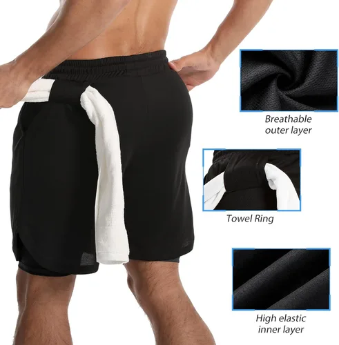 Vista 4 de Pantalones cortos de entrenamiento 2 en 1 para hombre, para correr, yoga, gimnasio, 7 pulgadas, con bolsillos laterales