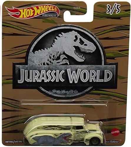 Vista 4 de Hot Wheels Jurassic World 2022 Premium Pop Culture Paquete completo de 5 unidades (DLB45‑946Q) Mosasaurus Bus, panera 'azul', T‑Rex Unimog, flujo