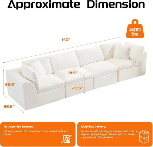 Vista 2 de Sofás de nube beige para sala de estar, sofá deshuesado de 4 plazas, sofá modular seccional, no requiere montaje, tapizado de chenilla, moderno