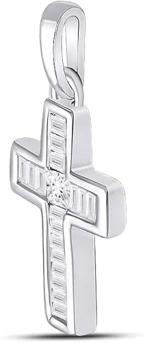 Vista 2 de FB JEWELS Oro blanco de 10 quilates para mujer princesa real natural diamante I2 claridad colgante de cruz pequeña color G-H 16 Cttw, Metal Gema