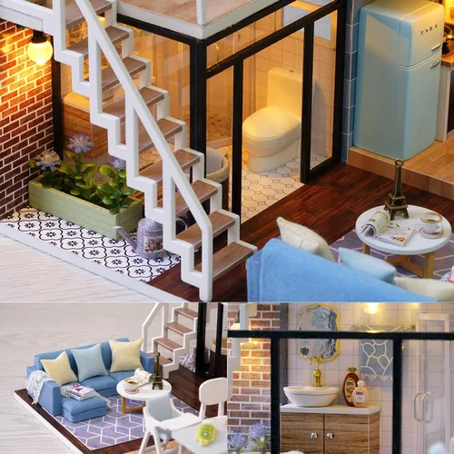 Vista 6 de Kit de casa de muñecas en miniatura con muebles, a prueba de polvo y movimiento de música
