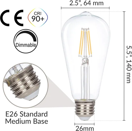 Vista 2 de Simba Lighting Bombillas LED Edison ST21 (ST64) de filamento vintage (ST64) (paquete de 6) de 4 W, regulable, equivalente a 40 W, vidrio