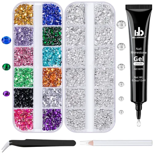 Vista 8 de Kit de pedrería para uñas BELLEBOOST, 15ml de pegamento de gel con strass + gemas coloridas + cristales de vidrio flatback AB y gemas transparentes