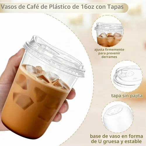 Vista 4 de Paquete de 50 vasos de plástico transparente de 16 onzas con tapas sin pajilla, tazas de café helado con tapas sin pajilla, fondo redondo desechable