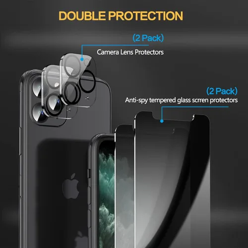 Vista 5 de Paquete de 2 + 2 protectores de pantalla de privacidad para iPhone 11 Pro de 5.8 pulgadas + protector de lente de cámara para iPhone 11 Pro
