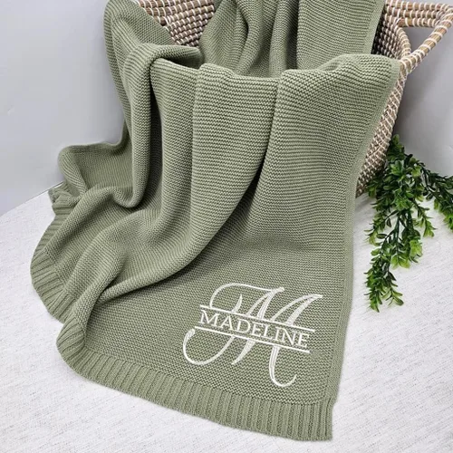 Vista 2 de Manta de punto personalizada y bordada de lujo con nombre de bebé, manta de algodón personalizada y monogramada para la guardería, regalos para bebé