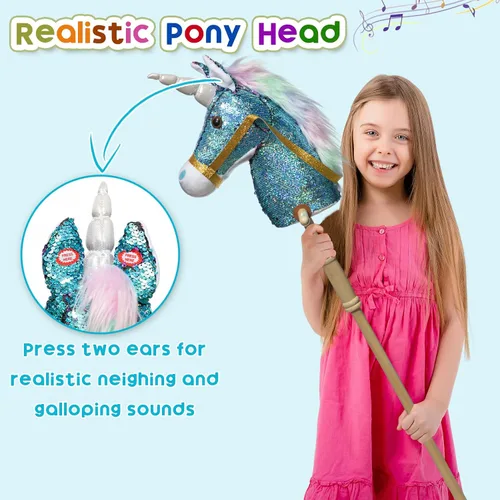 Vista 2 de HollyHOME Caballo de unicornio con lentejuelas, caballo de juguete artesanal con palo y ruedas de madera, sonidos reales de relincho y galope de Azul
