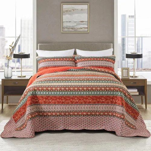 Vista 32 de NEWLAKE Juego de colchas tamaño queen, conjunto de colcha de algodón con diseño de retazos en colores azul y negro con patrones a cuadros, colcha