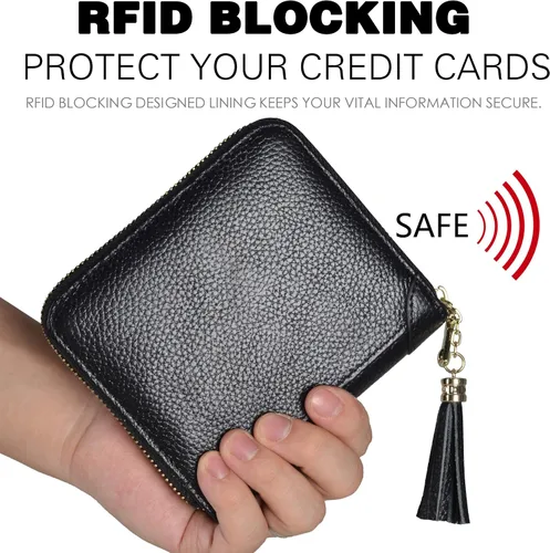 Vista 4 de Easyoulife Tarjetero de cuero con cremallera para mujer, bloqueo RFID