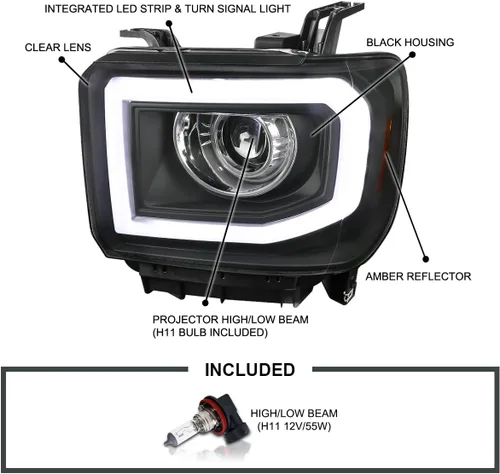 Vista 4 de SPEC-D TUNING Faros de proyector LED de tubo negro Compatible con 2014-2015 GMC Sierra 1500 2015-2019 2500HD 3500HD Ensamblaje de faros izquierdo +