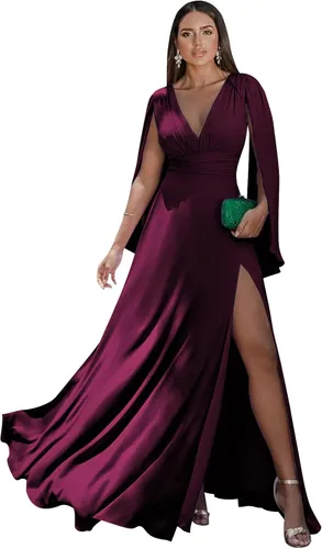 Vista 22 de Women's Long Sleeve Bridesmaid Dresses V-Neck Chiffon Ruched Formal Dress Evening Gown with Slit