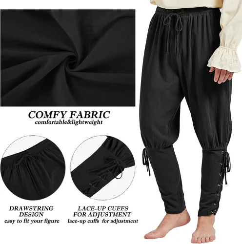 Vista 5 de Zando Pantalones piratas para hombre, pantalones renacentistas medievales, vikingos, pantalones de cosplay con cordones