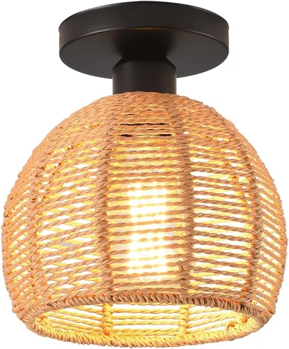 Vista 10 de Lámpara de Techo, Lámpara de Techo de Ratán Tejida a Mano de Montaje Empotrado, Lámparas de Techo Estilo Granja Montaje de Techo Boho para Pasillo