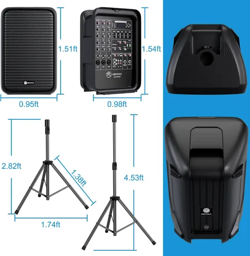 Vista 7 de NBVOICE Sistema PA integrado de 2 vías profesional portátil todo en uno, configuración fija, diseño de maleta con mezclador de 8 canales, 2 soportes