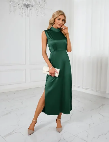 Vista 4 de CYCLAMEN Vestido largo de satén formal de verano para mujer, con cuello alto falso, sin mangas, aberturas laterales, maxi elegante vestido de cóctel