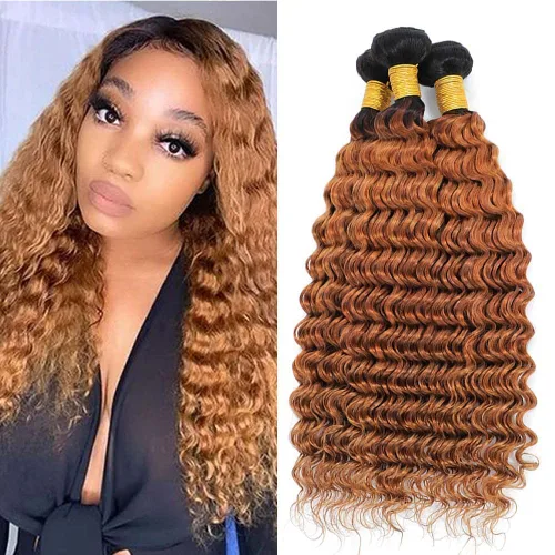 Vista 55 de P4613 Cabello humano rizado onda profunda marrón y paquetes mixtos 8 10 12 P4613 Ombre Marrón-Rubio-DP
