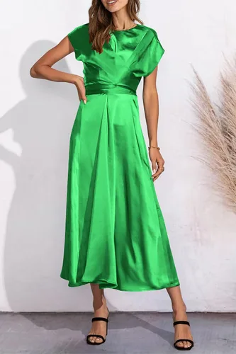 Vista 5 de PRETTYGARDEN Vestido midi de satén de verano 2023 para mujer, manga casquillo, lazo en la cintura, elegante, vestido acampanado