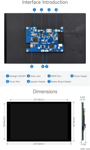 Vista 6 de waveshare Pantalla táctil capacitiva IPS de 10.1 pulgadas, resolución de 1280 × 800, interfaz HDMI, compatible con Raspberry Pi 5/4B/3B/Zero/Zero