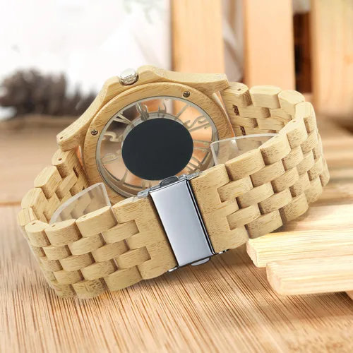 Vista 4 de Relojes de madera para hombre, reloj de cuarzo de madera de cebra ébano, cierre plegable, correa de madera, relojes de madera para hombre