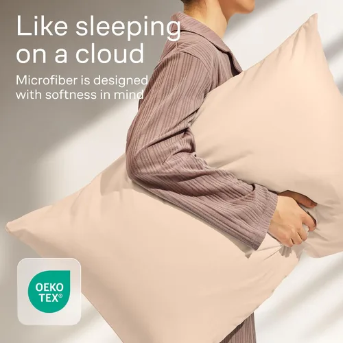 Vista 4 de Juego de 4 fundas de almohada ultrasuaves con cremallera tamaño Queen, 100% protección contra manchas, polvo y suciedad, lavables a máquina (beige)