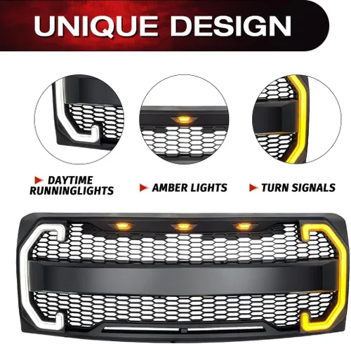 Vista 3 de EOMD Parrilla frontal compatible con F150 2009-2014 con DRL y luces de señal de giro, color negro mate