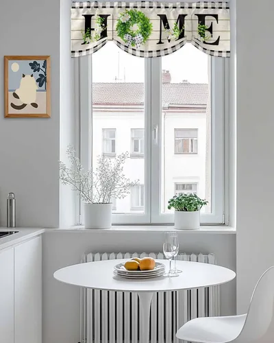Vista 5 de Cenefa de amarre de corona verde de verano para ventanas, cenefas de cortina con bolsillo para barra, cenefa ajustable de madera retro para cocina