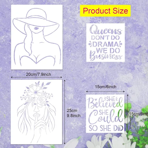 Vista 2 de 18 plantillas temáticas para mujer, diseño floral de cara femenina y cita inspiradora para niña, para el hogar, decoración de pared, pintura sobre