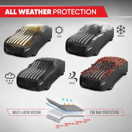 Vista 6 de Motor Trend Funda impermeable para automóvil con bandera de Estados Unidos, protección para todo tipo de clima, resistente a los rayos UV