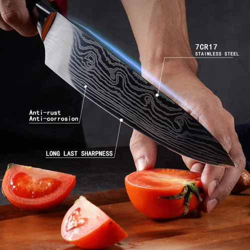 Vista 6 de Cuchillo de chef profesional, cuchillo de cocina profesional de 8 pulgadas, cuchillo alemán de acero inoxidable de alto carbono con mango ergonómico