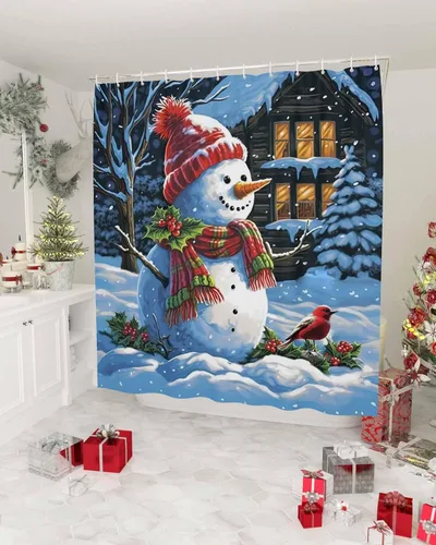 Vista 2 de Cortina de ducha con diseño de cardenales de muñeco de nieve para baño, casa de nieve de Navidad, pájaros rojos, lindo muñeco de nieve, sombrero