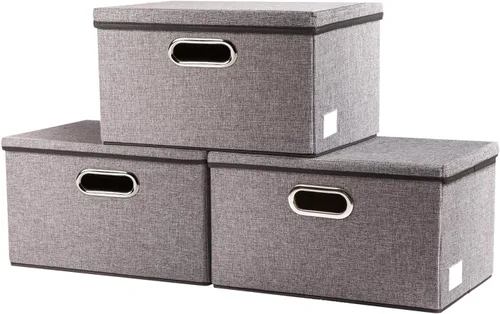 Vista 14 de PRANDOM Contenedores de almacenamiento con tapas [paquete de 3] cajas de almacenamiento plegables de tela de lino, canastas organizadoras, cubos