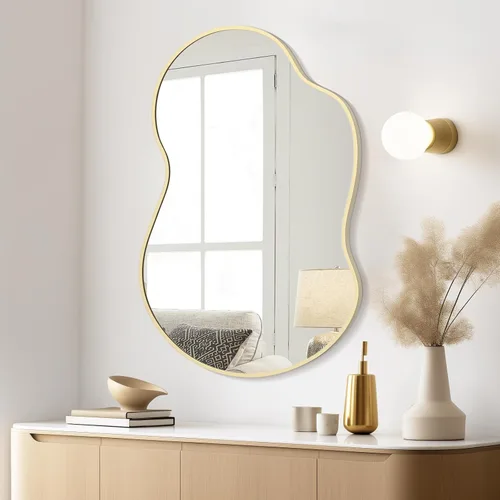 Vista 9 de Espejo de pared irregular, espejo asimétrico con marco de aleación de aluminio, espejo de pared decorativo para sala de estar, dormitorio, baño