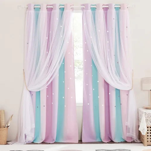Vista 18 de NICETOWN Cortinas para Dormitorio de Niñas Infantiles con Estrellas Caladas Ventana 2 Capas Cortina 63 Pulgadas de Longitud Oscurecimiento